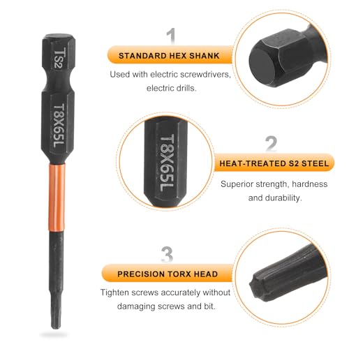 HARFINGTON 3pcs T8 Torx Head Screwdriver Bit 2.56" (65mm) Long 1/4" Hex Shank Magnetic No Hole Tamper Proof 6 Point Star Screw Driver Drill Bits Phosphate S2 Steel Industrial Power Tools - size: T8