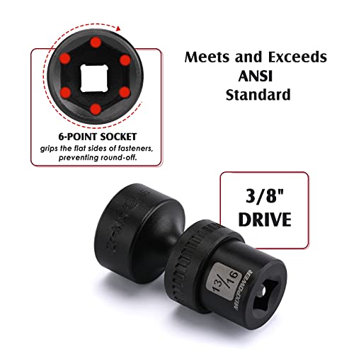 MIXPOWER 3/8" Drive Shallow Impact Universal Joint Swivel Socket Set, SAE, 5/16" - 1", Shallow, Flexible Wobble, Chrome Molybdenum Steel, 12 Pieces Set - size: 12 Pcs SAE 3/8'' Dr. (Shallow)