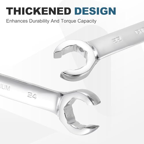 HARFINGTON 2 Pcs Flare Nut Wrench 22mm x 24mm Metric Double Open End Thick Spanner Mirror Polish Finish 45# Steel Brake Line Wrench For Fuel Tube Hose Transmission Line, Silver - size: 22mm x 24mm