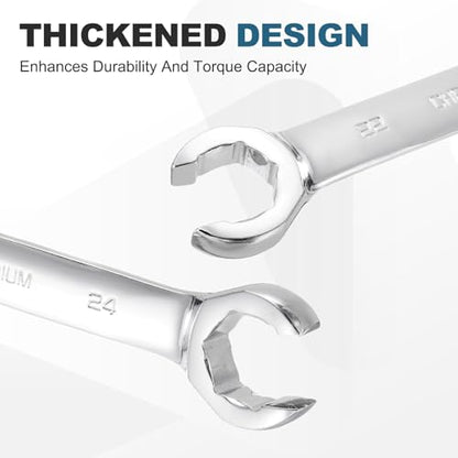 HARFINGTON 2 Pcs Flare Nut Wrench 22mm x 24mm Metric Double Open End Thick Spanner Mirror Polish Finish 45# Steel Brake Line Wrench For Fuel Tube Hose Transmission Line, Silver - size: 22mm x 24mm