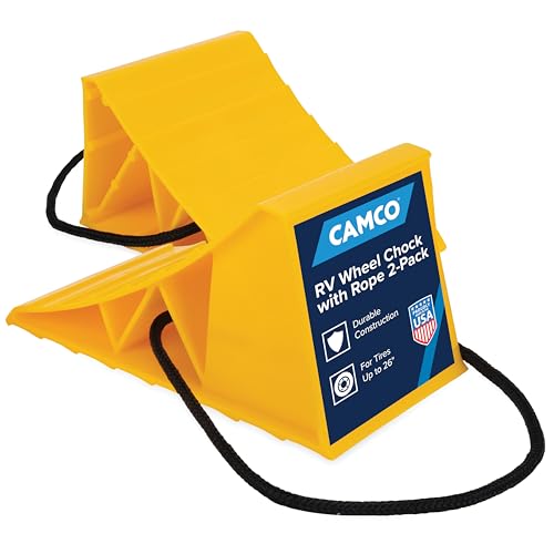Camco Camper & RV Wheel Chock with Rope - Keeps Trailer in-Place to Safely Unhitch or Park - Compatible with Wheels Up to 26” in Diameter & Molded of Heavy-Duty Hard Plastic - 2-Pack - 44471 - style: w/ Rope Design