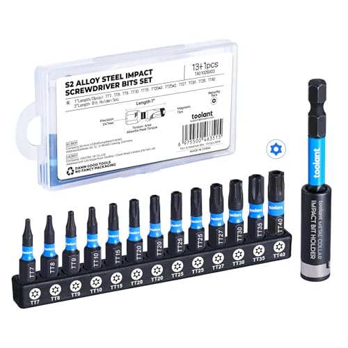 ToolAnt 1' Impact Torx Bit Set (TT7-40), Qty 13; Tamper-Proof Star Bit Set, 1/4' Hex-Shank, CNC Machined Tips, S2 Steel, Impact Magnetic Bit Holder & Storage Box - size: 1"*13+1pcs