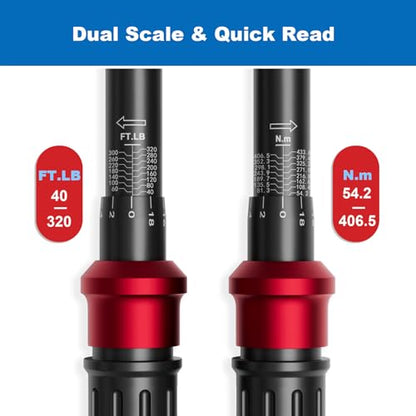 SUERCUP Torque Wrench 1/2-Inch Drive, 40-320Ft.Lb, for Motorcycle & Auto | 4.2-433.6Nm, 72-T Dual-Direction, ±3% Accuracy, Click Alert, for Car Lug Nuts, Engine, Suspension, Moto & Machinery Bolt - size: 1/2" 40-320FT.LB/54.2-433.6N.m