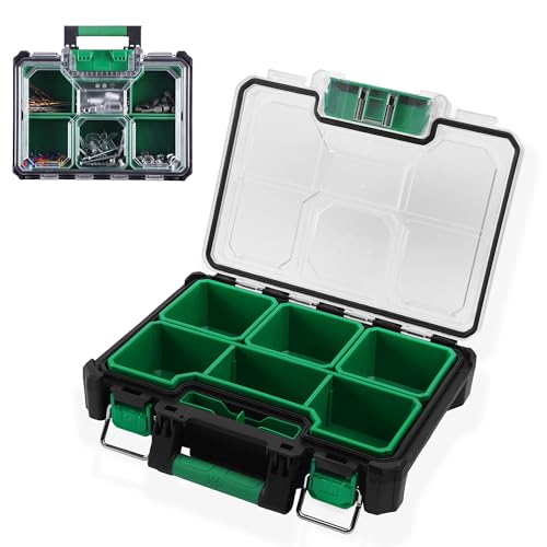 SK 13.5-Inch Small Part Organizer, Stackable Tools Box Organizer with 7 Compartments and Removable Dividers, Transparent Lid, Waterproof & Impact-Resistant Design, for Small Tools and Accessories - size: 13.5-Inch Small Part Organizer