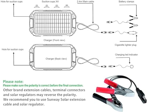 Sunway Solar Solar Car Battery Trickle Charger & Maintainer 8W 12V Waterproof Solar Panel Power Charging Kit for Car Automotive RV Marine Boat Motorcycle Truck Trailer Tractor Powersports Snowmobile - size: 8W