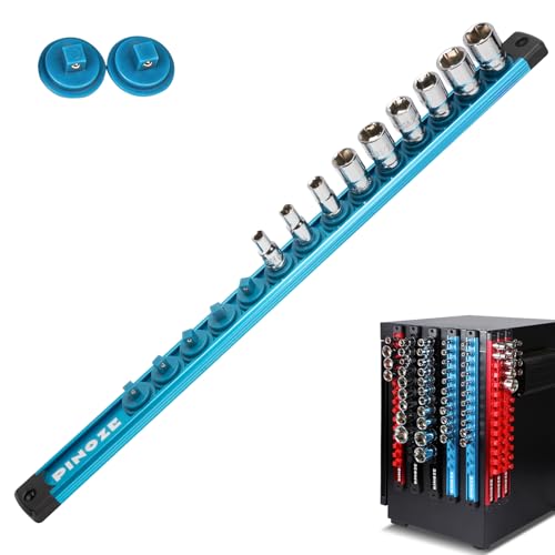 PINOZE 1/4" Magnetic Socket Holder Organizer - Aluminum Alloy Socket Rail Tray for Tool Box Drawer, Socket Rack with Extra 2Pcs Replacement Clips for Automotive Garage(Blue) - size: 1/4" DR