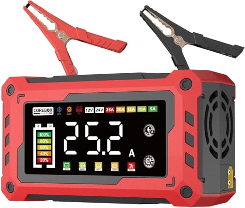 COREBOX Battery Charger 25-Amp 12V/24V Automatic Smart Battery Trickle Charger, Battery Maintainer Desulfator with Temperature Compensation for Car Truck Motorcycle Lawn Mower Marine - color: Red-25A/12V&24V