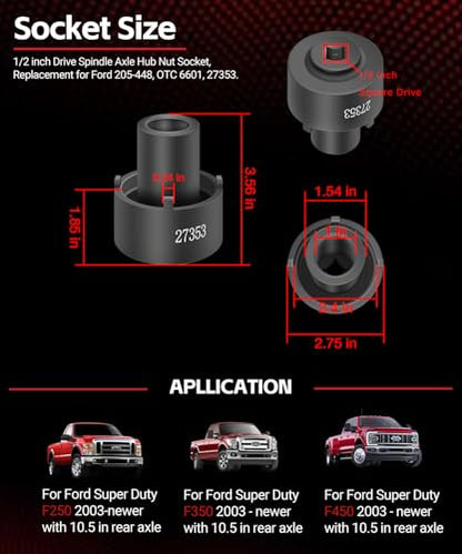 Sunluway 27353 Rear Axle Nut Wrench, 10.5 inches, for Ford F-250, F-350, F-450 Super Duty Trucks 2003 & Up, Rear Spindle Axle Hub Nut Socket Wrench Replace for OEM# 27353, Ford 205-448, OTC 6601,