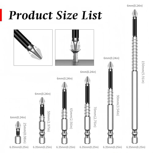 Magnetic Non-Slip Drill Bit Kit - High Magnetic S2 Alloy Steel Screwdriver Bits, Anti-Slip Hex Shank Set (25/50/65/70/90/150mm) for Impact Driver & Electric Drill (10, 75L) - size: 75L
