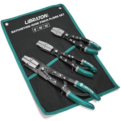 LIBRATON Hose Clamp Pliers, 3PCS Ratchet Hose Pliers, Hose Pinch Pliers Automotive, Hose Clamp Tool, Ratcheting Hose Pinch Off Pliers for Fuel, Flexible, Radiator Hose, with Storage Bag, 8" 10" 12" - style: Metal Pilers