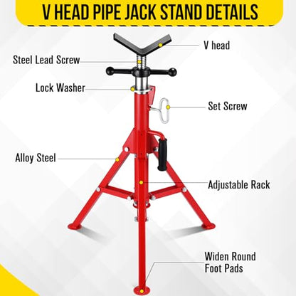 V Head Pipe Jack Stand, Heavy Duty Pipe Stand, 2500LB Jack Stands Carbon Steel with Portable Folding Legs 28-52 Inch Height Adjustable 1/8"-12" Capacity - color: Red