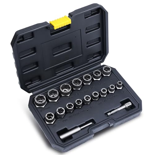 Impact Bolt & Nut Remover Set, 18 Pieces Bolt Extractor Tool Set, Stripped Lug Nut Remover, Extraction Socket Set for Removing Damaged, Frozen, Rusted, Rounded-Off Bolts, Nuts & Screws
