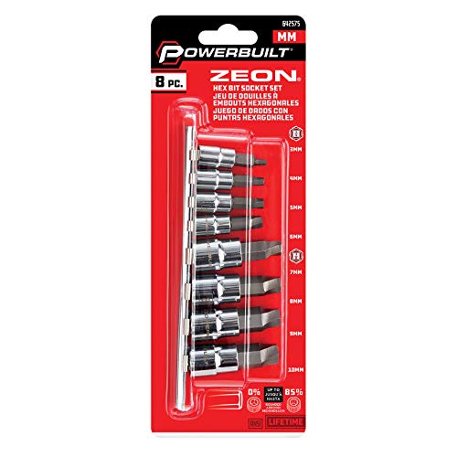 Powerbuilt 240094 8 Piece Zeon Metric Hex Bit Socket Set - with use for Damaged Fasteners, Standard, Rusted, Rounded Bolts, Size from 3mm to 10mm, Silver - style: Metric
