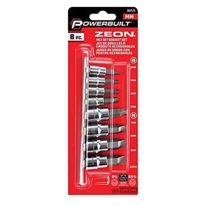 Powerbuilt 240094 8 Piece Zeon Metric Hex Bit Socket Set - with use for Damaged Fasteners, Standard, Rusted, Rounded Bolts, Size from 3mm to 10mm, Silver - style: Metric