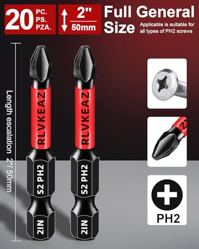 20-PCS Phillips Bits #2 Impact, Magnetic 2'' Phillips Head Drill & Screwdriver Bits Set, Premium S2 Steel, with 1/4" Hex-Shank for Power Drill, Professional & DIY Use - style: 20pcs phillips bits #2
