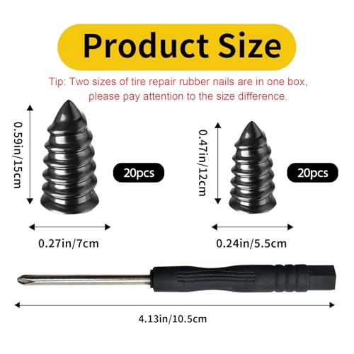 40 PCS Tire Repair Rubber Nails Kit with 2 Sizes, Vacuum Tire Repair Kits Spiral Rubber Nails, Tire Screw Plug Fast Tool for Car Motorcycle Jeep Tire Puncture Repair