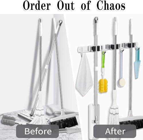 2 Pack 3 Racks and 4 Hooks Broom and Mop Holder Wall Mounted Garage Organizer Storage Tool Racks Stainless Steel Heavy Duty Hooks Self Adhesive Solid Non-slip Wall Hangers for Home Kitchen Garden | Mop Holder Wall Mount and Broom Hanger for Garage, Laundr