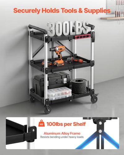 VEVOR 3 Shelf Heavy Duty Folding Jobsite Cart, 3 Tier Rolling Cart with Side Tool Holder & 360° Swivel Wheels (2 Brakes), 300 LBS Folding Utility Cart, Tool Storage for Garage Warehouse Workshop - size: 31.1 x 19.69 x 41.34 in