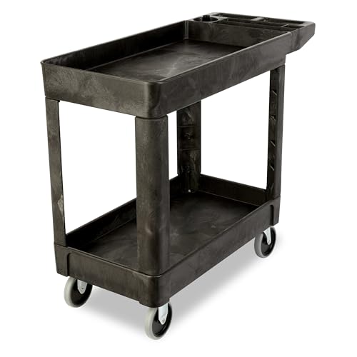 Rubbermaid Commercial Products 2-Shelf Utility/Service Cart, Small, Lipped Shelves, Storage Handle, 500 lbs. Capacity, for Warehouse/Garage/Cleaning/Manufacturing - color: Black, size: Small