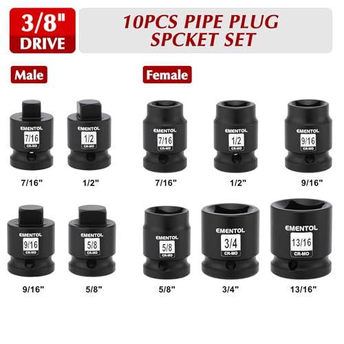 EMENTOL 10PCS 1/2" Dr. Pipe Plug Socket Set, SAE, CR-MO, Tapered Male Square Drive - 7/16 Inch to 9/16 Inch, Chamfered Female Square Drive - 7/16 Inch to 13/16 Inch - size: 10PCS 1/2"Dr.