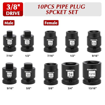 EMENTOL 10PCS 1/2" Dr. Pipe Plug Socket Set, SAE, CR-MO, Tapered Male Square Drive - 7/16 Inch to 9/16 Inch, Chamfered Female Square Drive - 7/16 Inch to 13/16 Inch - size: 10PCS 1/2"Dr.