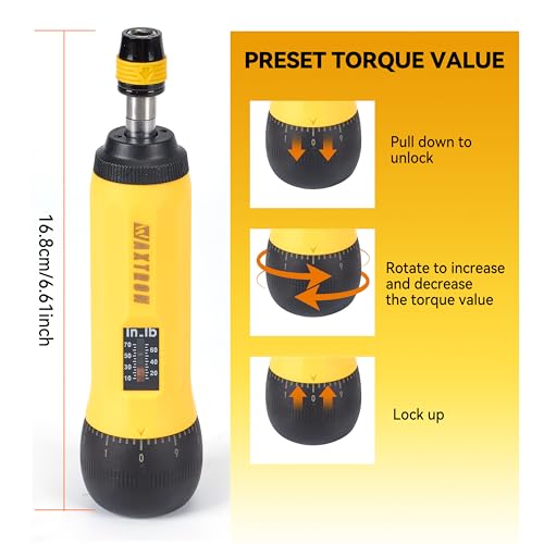 Adjustable Torque Screwdriver, 1/4" Quick-Release Bit Holder, 10-70 in-lb, 13-Piece Set, ±6% Accuracy