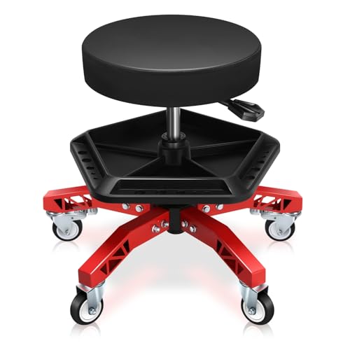 Auto Dynasty Rolling Mechanic Stool, Height Adjustable Heavy Duty Roller Creeper Garage Shop Seat with Padded Seat and Tool Storage Tray for Workshop Auto Repair, 300 LBS Capacity, Red - color: Red (w/Tool Storage Tray)