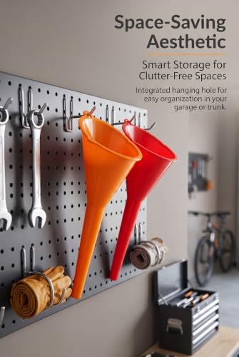 2 PCS Oil Funnel for Oil Change, No-Spill Long Neck Funnel with Hanging Hole, Universal Fuel & Transmission Fluid Filling Tool for Cars and Motorcycles (Orange+Red)