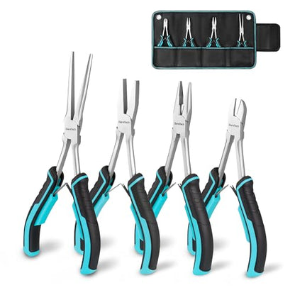 DURATECH 4PCS Long Reach Pliers Set with Pouch, Mini Extra Long Pliers Set | Needle Nose, Diagonal, Linesman and Flat Nose Pliers, For Jewelry Making, Wire Bending, Object Gripping, Narrow Space - style: 4PCS
