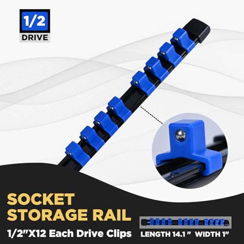 1/2-Inch Drive Heavy Duty Socket Holder Kit ABS, Socket Rail 12 Clips Blue, 3 Pieces - color: Blue, size: 3PC 1/2x3