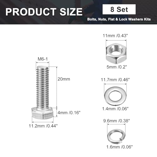 uxcell M6 x 20mm Hex Head Screws Bolts, Nuts, Flat & Lock Washers Kits, 304 Stainless Steel Fully Thread Hexagon Bolts 8 Sets - size: M6 x 20mm