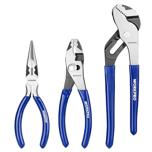 WORKPRO Pliers Set, 3-Piece Plier Tool Set with Soft Handle | 6" Needle Nose Plier, 6" Slip Joint Plier, 8" Groove Joint Plier for DIY & Home Use - color: Blue
