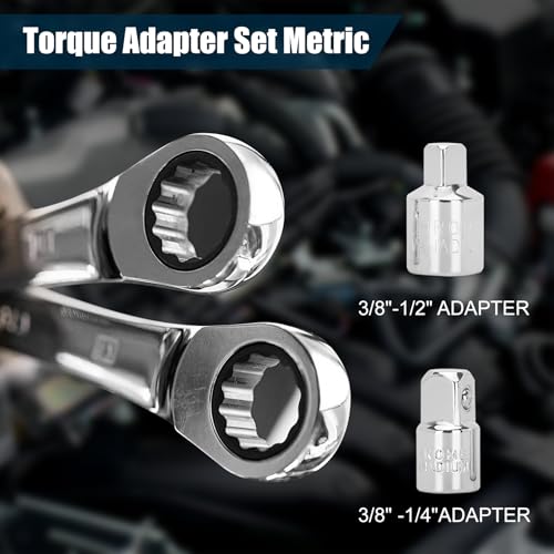 Torque Adapter Set Metric 12PCS, Includes 10, 11, 12, 13, 14, 15, 16, 17, 18, 19mm, 12 Point Box End Torque Wrench Extension Adapter 3/8" Drive, with 1/2" + 1/4" Drive Converters - size: Metric 10-19mm