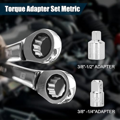 Torque Adapter Set Metric 12PCS, Includes 10, 11, 12, 13, 14, 15, 16, 17, 18, 19mm, 12 Point Box End Torque Wrench Extension Adapter 3/8" Drive, with 1/2" + 1/4" Drive Converters - size: Metric 10-19mm