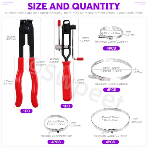 Swpeet 18Pcs CV Boot Clamps Kit with CV Joint Clamp Banding Tool, CV Joint Boot Clamp Pliers, 16Pcs Crimp Bands, for Most Cars - style: Adjustable CV Boot Band Clamps with Boot Clamp Tool and Pliers
