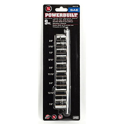 Powerbuilt 9-Piece 3/8-Inch Drive SAE Shallow Socket Set – 6-Point Chrome Vanadium Steel Sockets (3/8" to 7/8") with Chamfered Openings & Size Markings – Includes Storage Case – 641716 - size: SAE, style: 9pc
