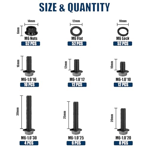 208PCS M6x1.0 Metric Flange Bolt Kit (10mm 12mm 16mm 20mm 25mm 30mm) 10.9 Grade Black Hex Bolts and Nuts Washers Kit - size: Flange Bolts-M6-208PCS