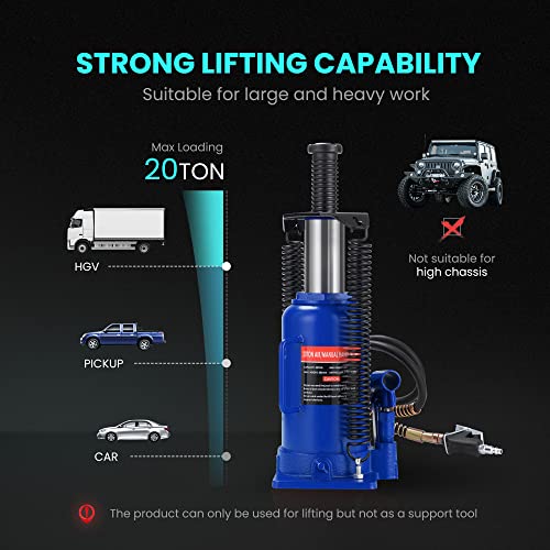 SPECSTAR Pneumatic Air Hydraulic Bottle Jack with Manual Hand Pump 20 Ton | Heavy Duty Auto Truck Travel Trailer Repair Lift Blue - color: Blue