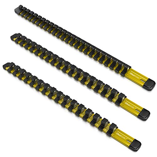 Olsa Tools Aluminum Socket Organizer, 3pc Set - Yellow Socket Holder Kit 1/2-Inch, 3/8-Inch, and 1/4-Inch Drive - Holds 58 Chrome or Impact Sockets - Professional Grade Socket Rails - Part: 1110 - color: Yellow, size: 3pc - 1/4, 3/8, & 1/2-Inch Drive
