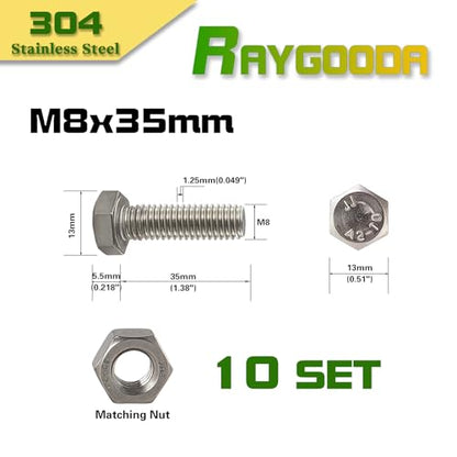 M8-1.25x35mm Hex Bolt and Nut Kit 10set, 304 Stainless Steel (A2-70), Full Thread, Bright Finish, Machine Threaded for Automotive, Machinery, DIY - size: M8x35mm(10 Sets）