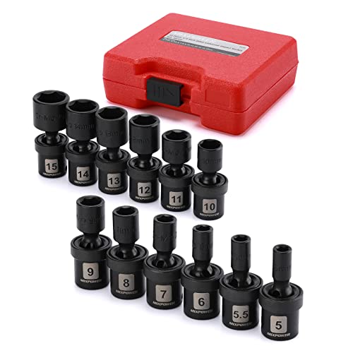 MIXPOWER 12 Pieces 1/4" Drive Metric Shallow Universal Impact Socket Set, CR-MO, Swivel Socket with Flexible Wobble, 5mm - 15mm - size: 12 Pcs Metric 1/4" Dr. (Shallow)