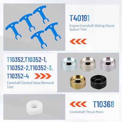 Engine Timing Tool Kit for VW Audi TSI TFSI EA888 1.8L 2.0L Engine, with Additional T40191 Engine Camshaft Sliding Pieces Spacer Tool, T10355 Crankshaft Pulley Holding Wrench T40098 T40267 T40271