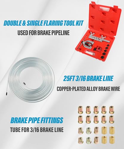 YAKEFLY 25 ft 3/16 Copper Coated Brake Line Kit with 16 Fittings and 4 Unions Brake Line Fittings,Brake Line Double & Single Flaring Tool Kit,Fits for Most Hydraulic Braking Systems (Silver) - color: Silver