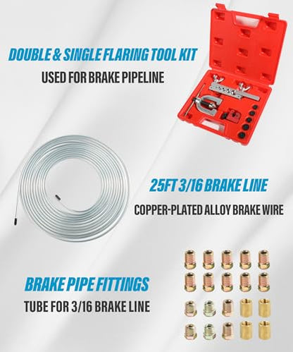YAKEFLY 25 ft 3/16 Copper Coated Brake Line Kit with 16 Fittings and 4 Unions Brake Line Fittings,Brake Line Double & Single Flaring Tool Kit,Fits for Most Hydraulic Braking Systems (Silver) - color: Silver