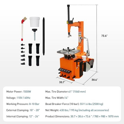 Albott 2 HP Tire Changer Machine for 10"–24" Rim Range | 10"–20" Outside Clamp, 12"–24" Inside Clamp, 110V Wheel Changer for Home Garage & Commercial Auto Shops - size: 10"–24" Single Head