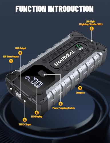 Sharmeal Car Jump Starter 6000A, Jump Starter Battery Pack for All Gas and 9.0L Diesel, 12V Portable Jump Box with LED Light - color: 6000A(60C Battery Enhanced Version)+Charger Block