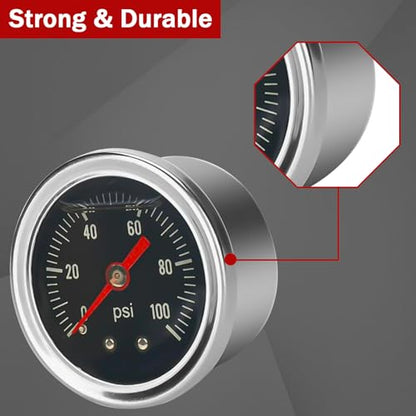 Universal Adjustable Fuel Pressure Regulator Gauge Liquid 0-100psi Oil Press Gauge 1/8" NPT Black