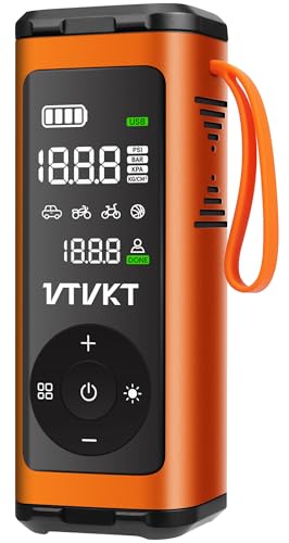 VTVKT Tire Inflator Portable Air Compressor, Powerful 12000mAh Aluminium Alloy Cordless Air Pump with LED Light and Power Bank, 150PSI Tire Inflator for SUV, Sedan, Motorcycle, Bike, Ball, Orange - color: Orange