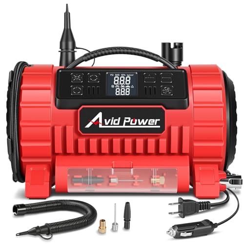 AVID POWER Portable Tire Inflator Air Compressor, 110V AC/12V DC Tire Pump | 5 Preset Modes & Digital LCD Gauge, Auto Shut-Off, Inflation & Deflation for Car Tires, Air Mattress & Small Inflatables - color: Dark Red, size: Medium