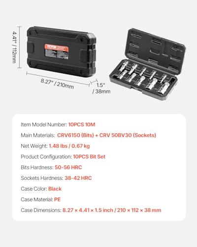 VEVOR XZN Triple Square Spline Bit Socket Set, 10-Piece M4 - M18, Premium Cr-V Steel, 1/4 in, 3/8 in, and 1/2 in Drives, with Enhanced Storage Case, Triple Square Socket Set for Hand Use, Automotive - style: 10 PCS XZN
